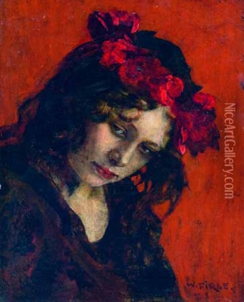 Brustportrat Eines Madchens Mit Rotem Rosenkranz Im Haar Oil Painting - Walter Firle