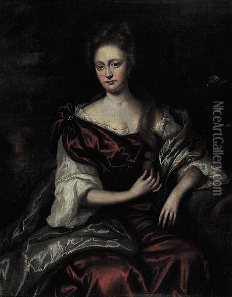 A Portrait Of A Lady In A Red Dress Oil Painting - Sir Godfrey Kneller