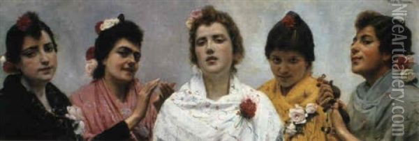 Five Spanish Beauties Oil Painting - Placido Frances y Pascual