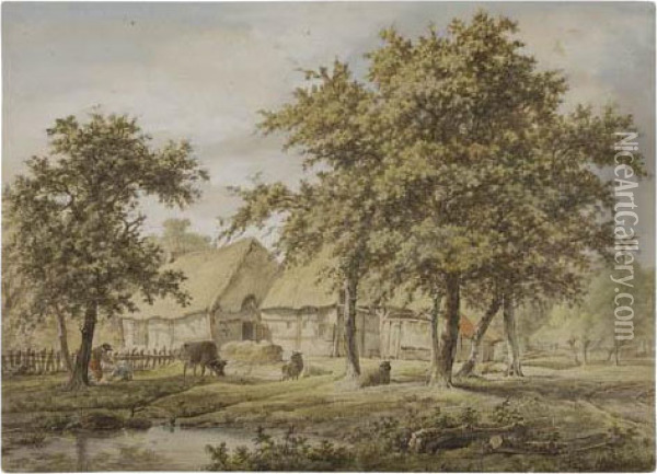 Landscape With A Farmhouse Oil Painting - Adrianus De Visser