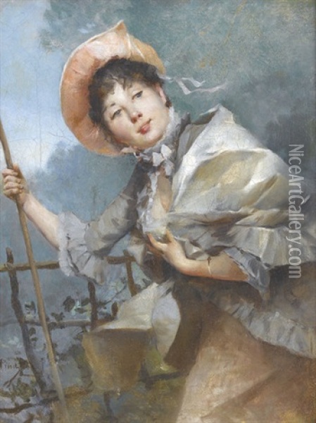 Junge Frau Mit Rosafarbenem Hut Und Stock Oil Painting - Emile Auguste Pinchart