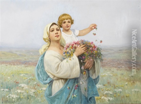 Junge Bauerin Mit Kind Und Blumen Oil Painting - Adam Setkowicz