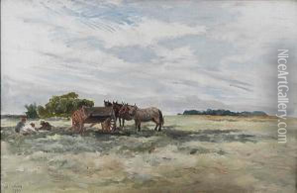 Work Horses Resting In The Field Oil Painting - Keeley Halswelle
