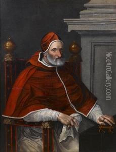 Portrait Of Pope Pius Iv, Three-quarter-length, Seated At A Draped Table Oil Painting - Scipione Pulzone