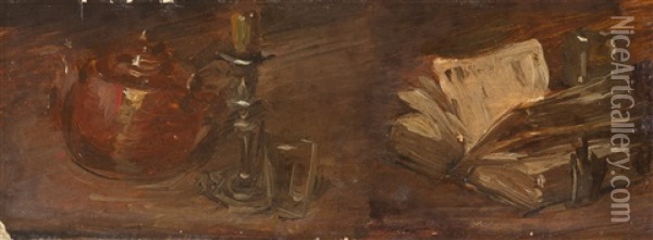 Aufgeschlagenes Buch Mit Kanne, Kerze Und Glas Oil Painting - Wilhelm Busch