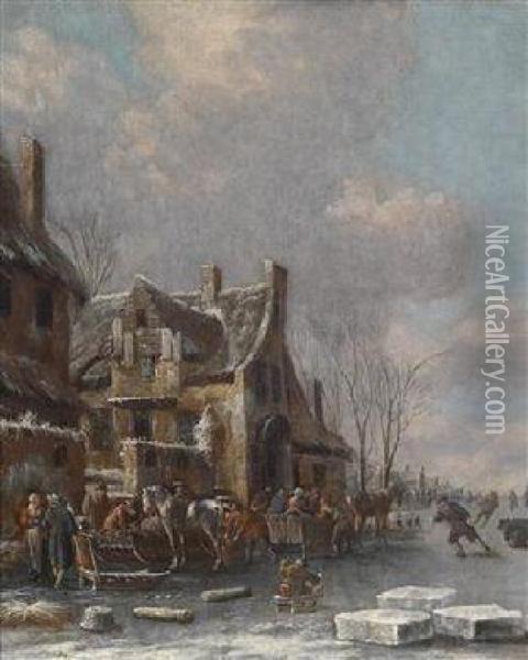 Winter Landscape With Ice Skaters Oil Painting - Thomas Heeremans