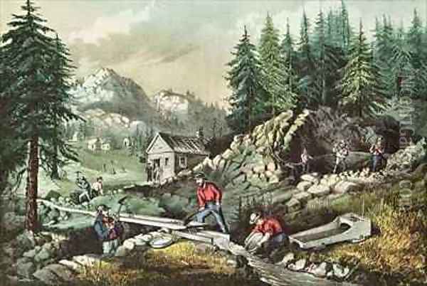 Goldmining in California Oil Painting - Currier