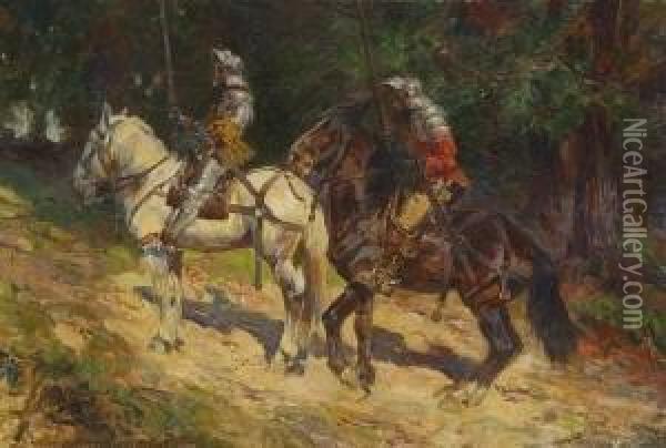 Zwei Ritter Zu Pferd. Oil Painting - Anton Hoffmann