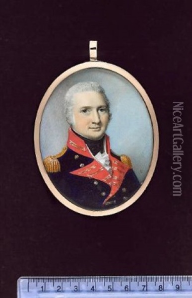 A Field Rank Officer Of The Royal Artillery Wearing Blue Coatee With Scarlet Facings, Gold Lace And Gold Epaulettes Oil Painting - George Engleheart