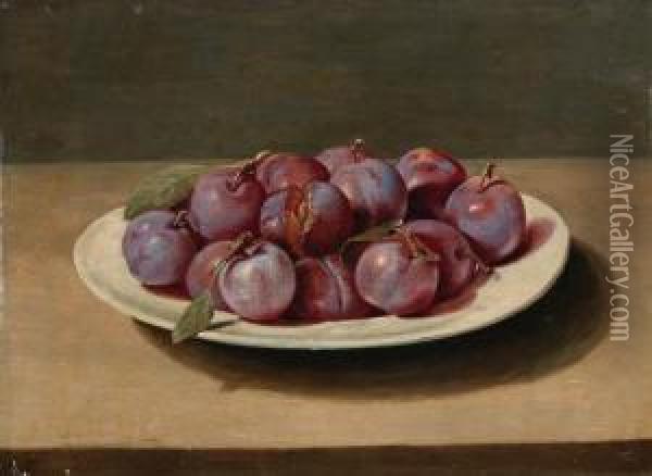 Plums On A White Dish On A Table Oil Painting - Louise Moillon