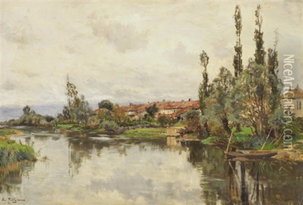 Flusslandschaft Mit Am Ufer Gelegenem Dorf Oil Painting - Edmond Marie Petitjean