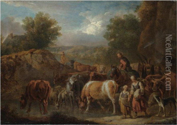 Cattle Stopping To Drink By A Stream Oil Painting - Pieter van Bloemen