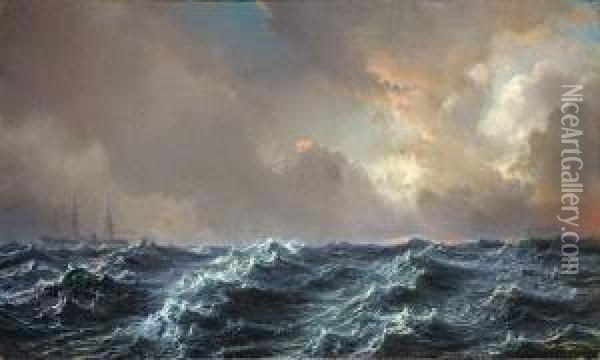 Dreimaster Auf Bewegter See Oil Painting - Jean Baptiste Henri Durand-Brager