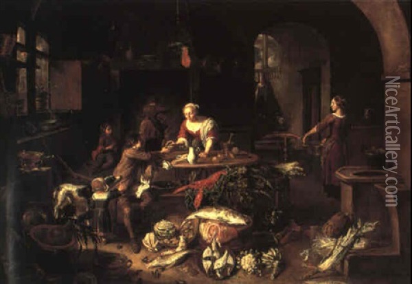 Kitchen Interior With A Servant Receiving Mussels From A Young Man Oil Painting - Jan Van Buken