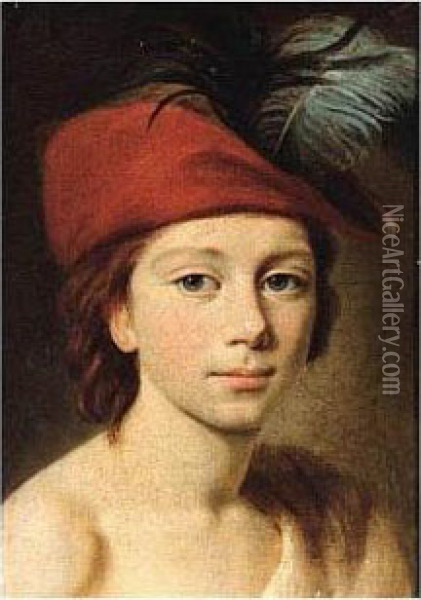 Portrait Of A Young Boy, Head And Shoulders, Wearing A Red Plumed Cap Oil Painting - Elisabeth Vigee-Lebrun