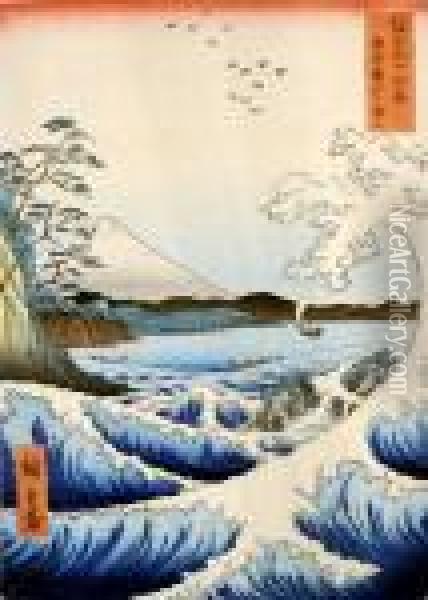 Mont Fuji Et Vagues Oil Painting - Utagawa or Ando Hiroshige