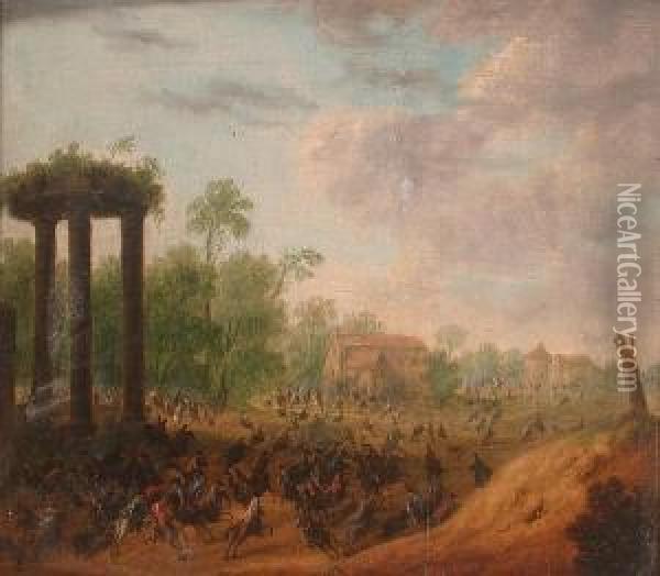 A Cavalry Engagement Beside Roman Ruins; A Companion Oil Painting - Louis Nicolael van Blarenberghe