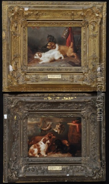 Spaniels In A Hunting Lodge; And Three Terriers In A Barn Oil Painting - George Armfield