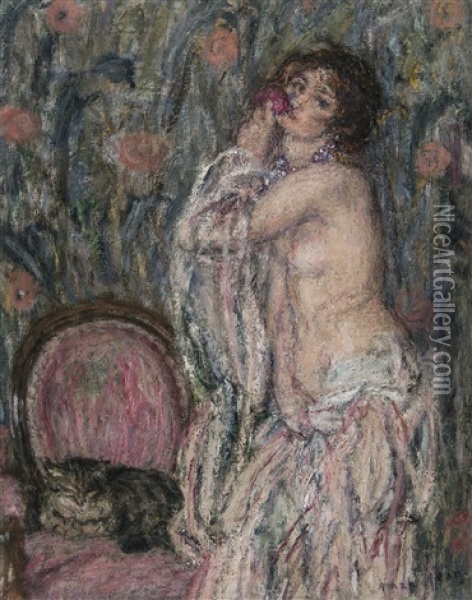 Nu A La Rose Et Chat Dans Un Interieur Oil Painting - Edmond Francois Aman-Jean
