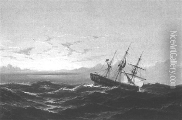 Ship In Rough Seas Oil Painting - James Hamilton