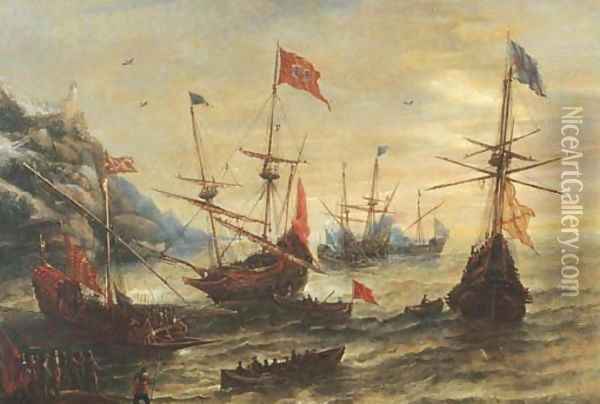 A coastal landscape with frigates and soldiers in a breeze Oil Painting - Andries Van Eertvelt