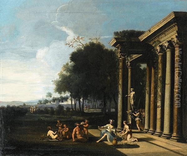 An Italianate Landscape With A Bacchanale Before A Classical Portico Oil Painting - Alberto Carlieri