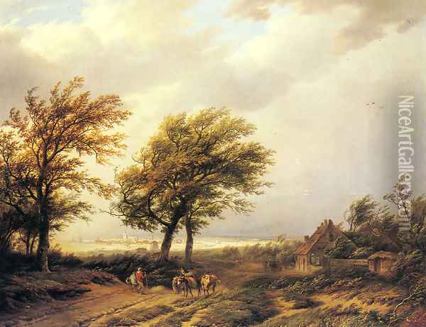 Travellers in an Extensive Landscape with a Town Beyond Oil Painting - Willem Bodemann