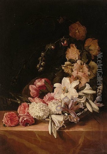 A Basket Of Summer Flowers Including Roses, Lilies, Hollyhocks And Irises On A Pink Marble Ledge Oil Painting - Dirk de Bray
