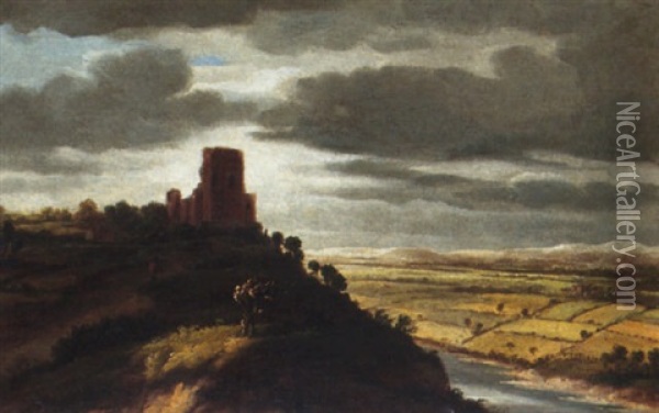 A Landscape With A Castle On A Hill Above A River, Beneath Stormy Skies Oil Painting - Johannes Ruyscher