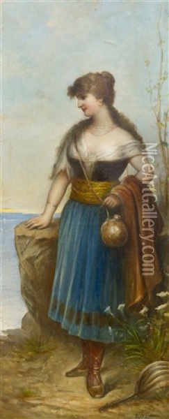 Woman With A Basket Oil Painting - Egisto Ferroni