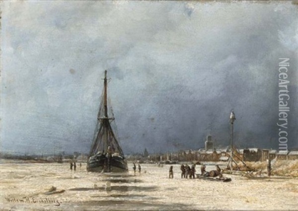 A Winter Day On The Maas Near Rotterdam Oil Painting - Willem Hendrick Eickelberg
