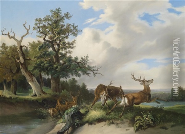 Rotwildrudel Vor Einer Weiten Landschaft Oil Painting - Rudolph Swoboda the Elder