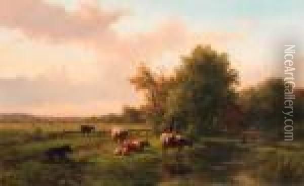 A Landscape With Cows On A Riverbank, A Farm Beyond Oil Painting - Willem Vester