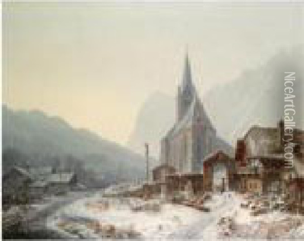 Winterliche Kirche Im Gebirge (winter In Ramsau) Oil Painting - Heinrich Burkel