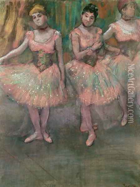 Dancers wearing salmon coloured skirts Oil Painting - Edgar Degas