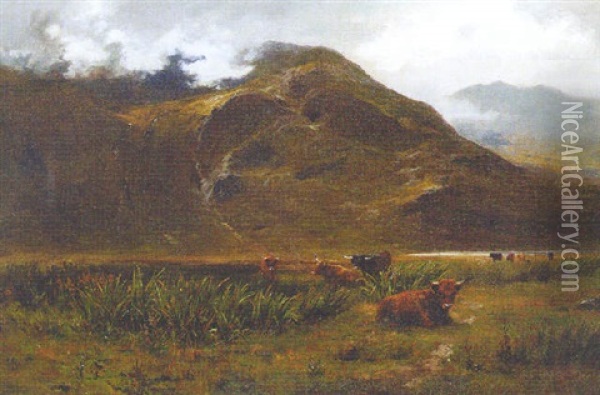 Highland Cattle Resting In A Mountainous Landscape Oil Painting - Louis Bosworth Hurt