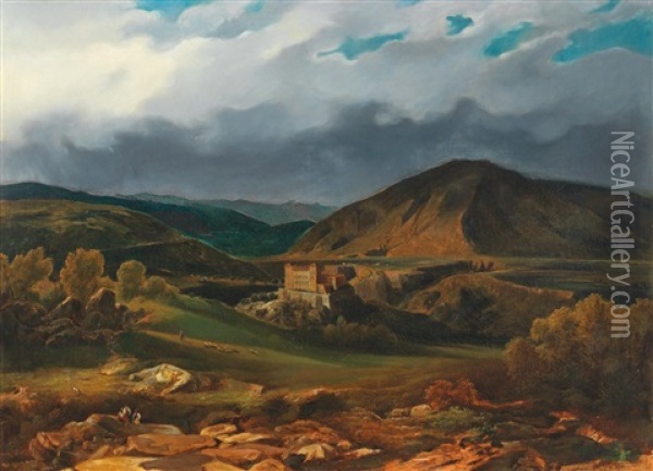 View Of A Southern Landscape With Castle Oil Painting - Ludwig Beyfuss