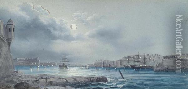 The Three Cities, Malta; And Valetta Harbour By Moonlight Oil Painting - Vincenzo D Esposito