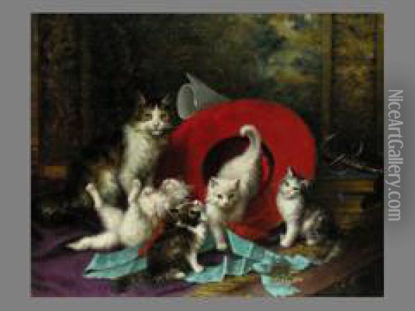 Katzen Vor Rotem Hut Oil Painting - Jules Le Roy