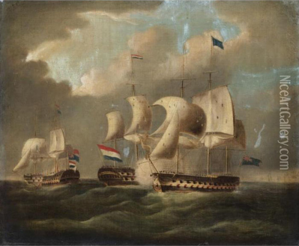 An Engagement Between French And British Vessels Oil Painting - Richard Barnett Spencer