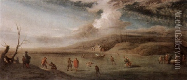 An Extensive Lake Scene With Figures Skating On The Ice, A Castle Beyond Oil Painting - Jan Griffier the Elder