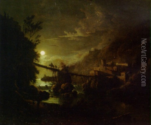 Travellers On A Bridge In A Moonlit River Landscape Oil Painting - Abraham Pether