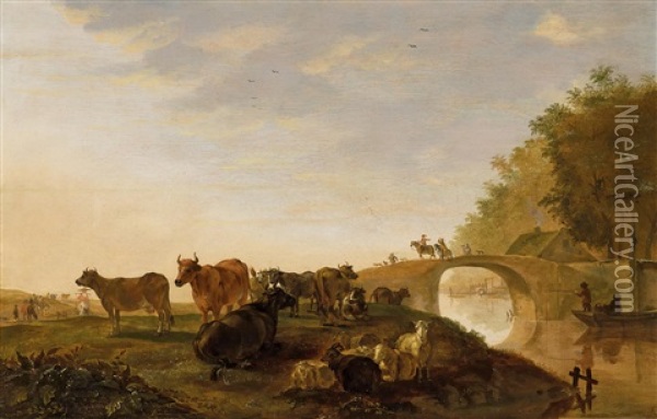 Lagerndes Vieh An Einer Alten Brucke Oil Painting - Jacob Gerritsz van Bemmel