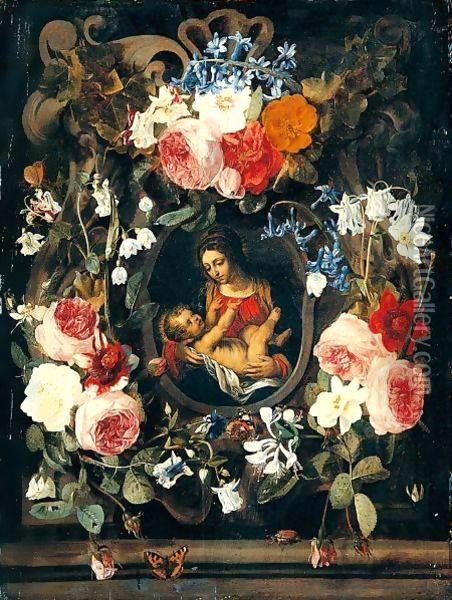 A Still Life Of A Garland Of Flowers With The Virgin And Child Set Within A Stone Cartouche Oil Painting - Christiaan Luyckx