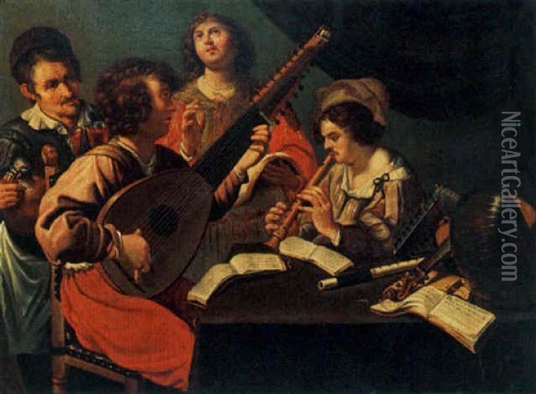 Figures Making Music Around A Table Oil Painting - Bartolomeo Manfredi
