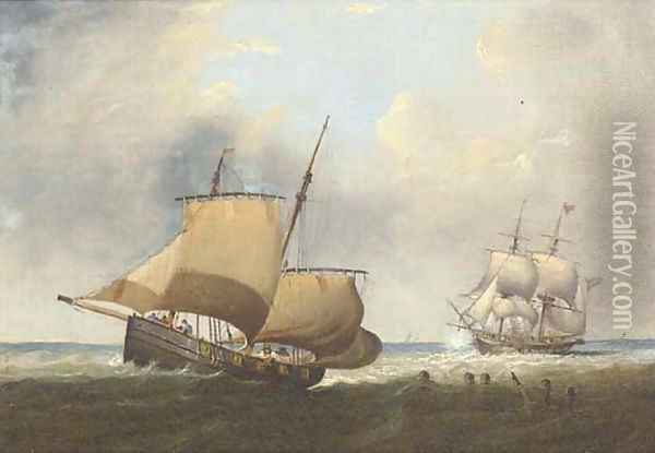 A Naval brig astern of an armed lugger firing a shot Oil Painting - George Chambers