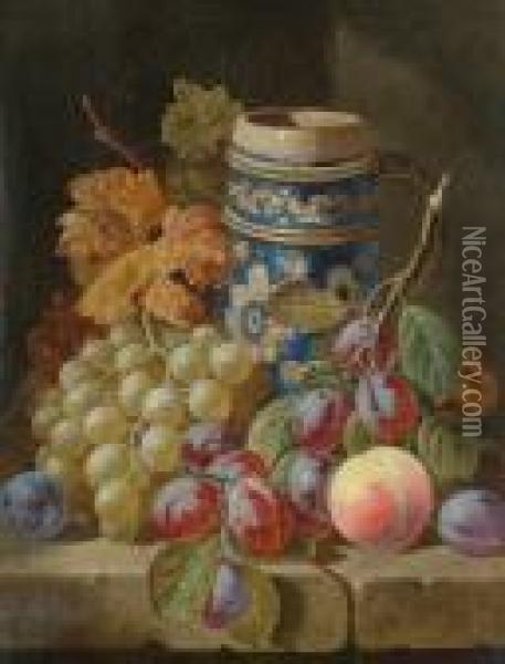 A Still Life Of Fruit And Earthenware Pitcher Oil Painting - Charles Thomas Bale
