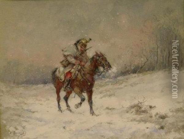 Prussian Cavalryman Returning In The Snow Oil Painting - Louis Emile Benassit
