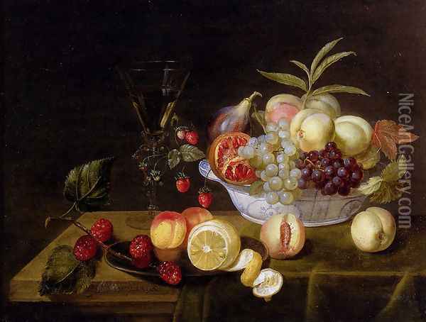 A Still Life Of Peaches, Grapes, Pomegranates, Figs And Wild Strawberries In A Wan-Li Porcelain Bowl All Resting On A Tabletop Oil Painting - Frans Ykens