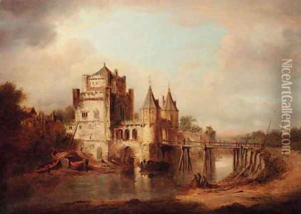 Figures resting by a river, a fortified town beyond Oil Painting - William Marlow